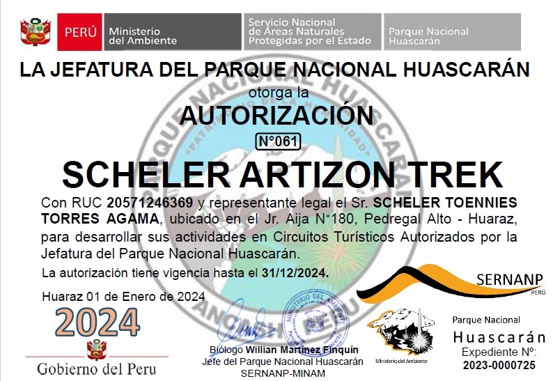Autorización del Parque Nacional Huascarán Nº 61 Scheler Artizon Trek